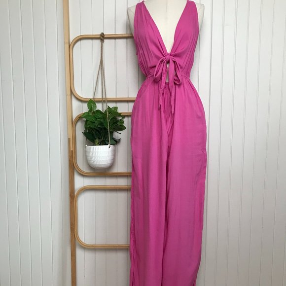 Aila Blue Pants - AILA BLUE Fuschia 100% Rayon Front Tie Jumpsuit